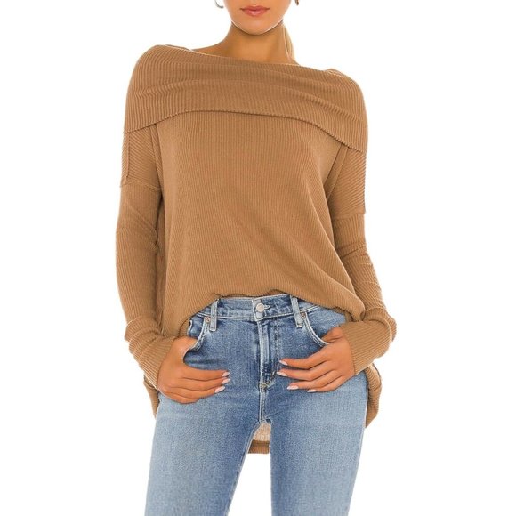 free prople Juicy Long Sleeve Top in Vintage Bronze Tan Split Back Oversized M - Picture 2 of 12